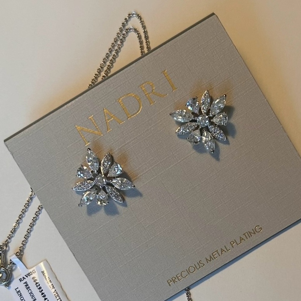 NWT NADRI Silver Necklace & Earrings Set, Precious Metal Plating, Floral Design - Picture 2 of 6